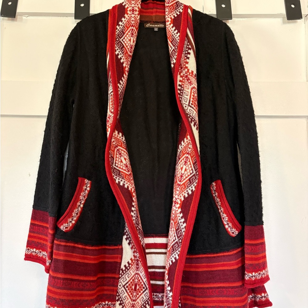 Caamano Trujillo 100% Alpaca Black and Red Patterned Cardigan
